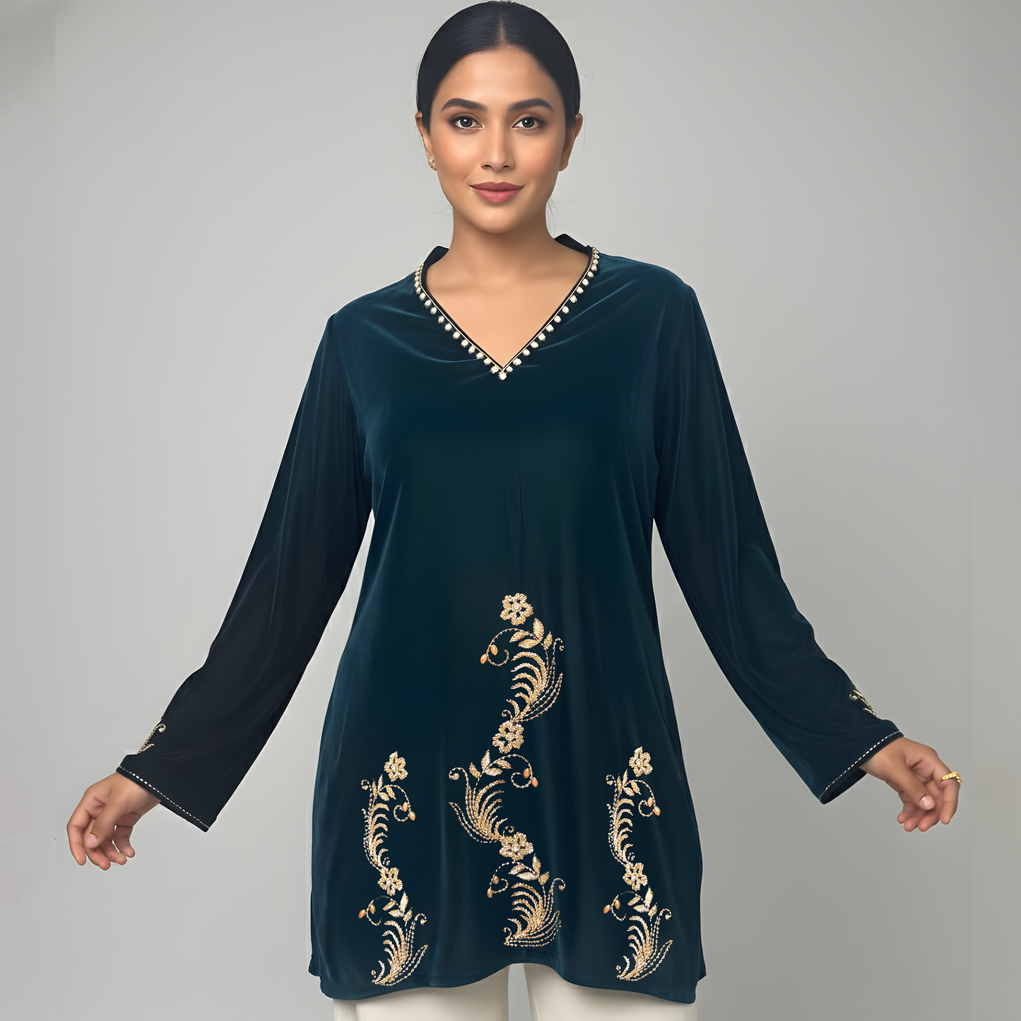 Teal Absract Floral Hand Embroidered Velvet Top