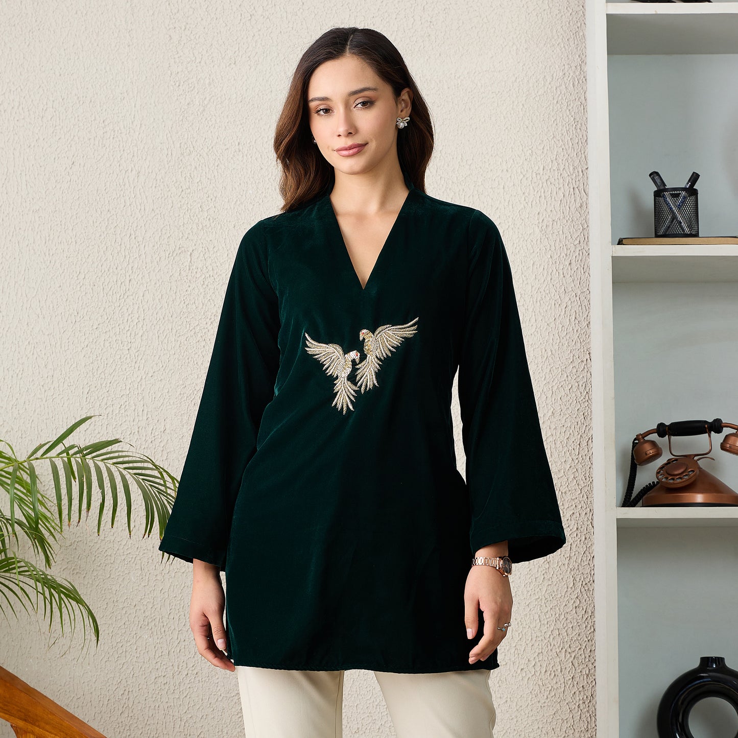 Green Twin Birds Hand Embroidered Velvet Top