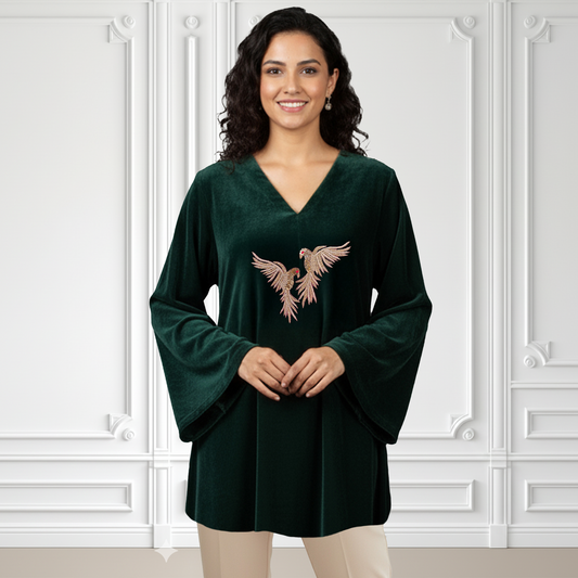 Green Twin Birds Hand Embroidered Velvet Top