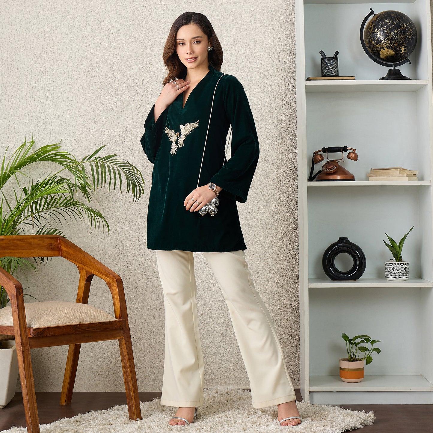 Green Twin Birds Hand Embroidered Velvet Top