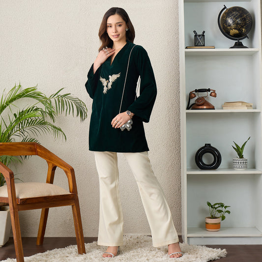Green Twin Birds Hand Embroidered Velvet Top