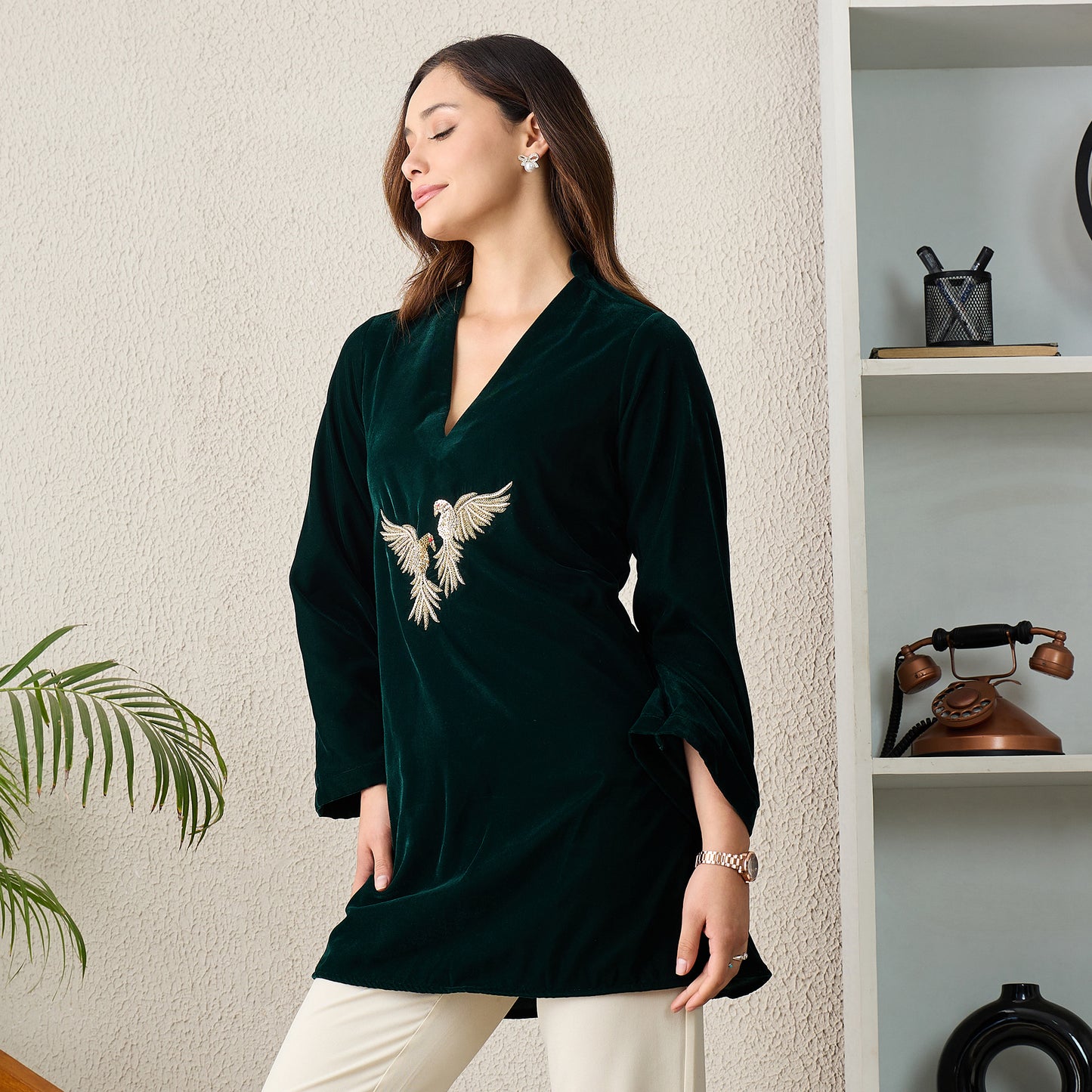 Green Twin Birds Hand Embroidered Velvet Top