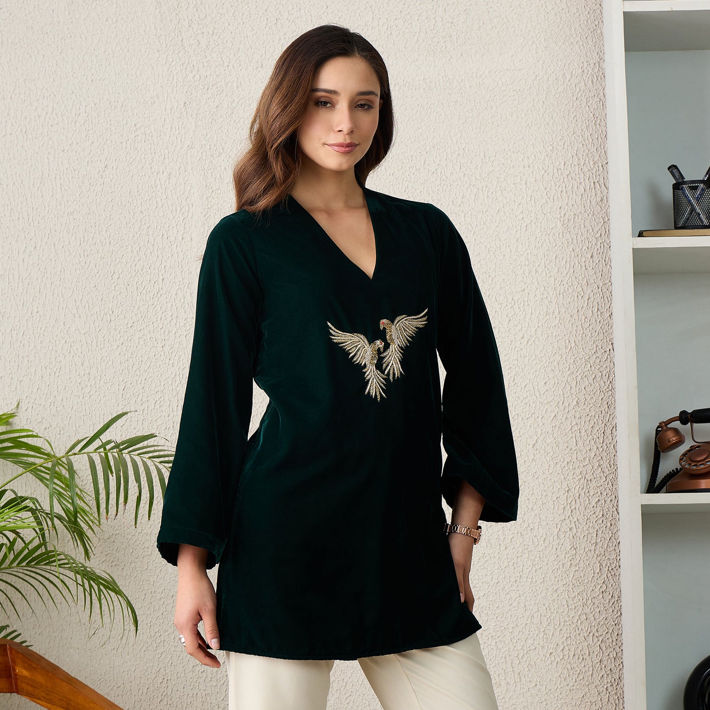 Green Twin Birds Hand Embroidered Velvet Top