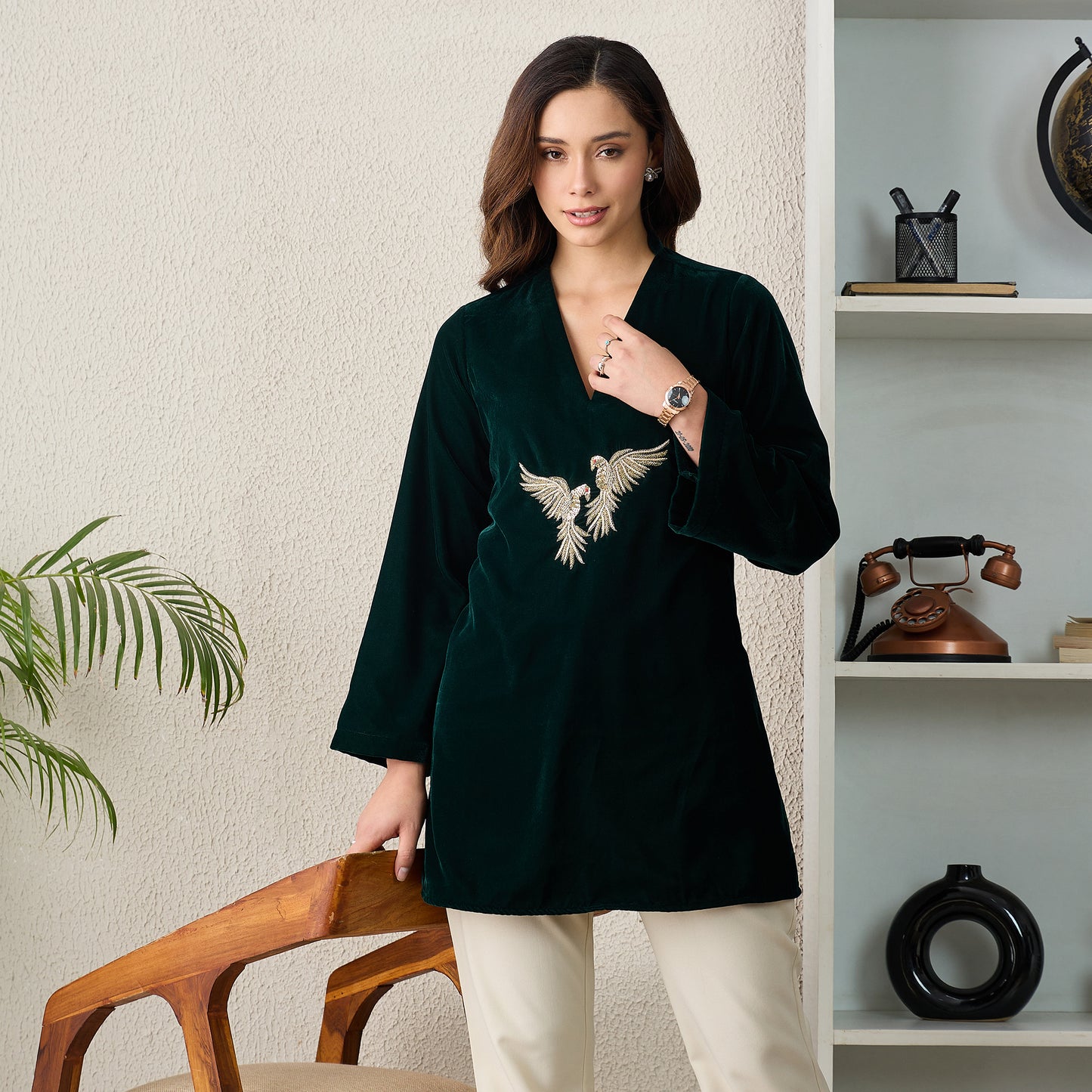 Green Twin Birds Hand Embroidered Velvet Top