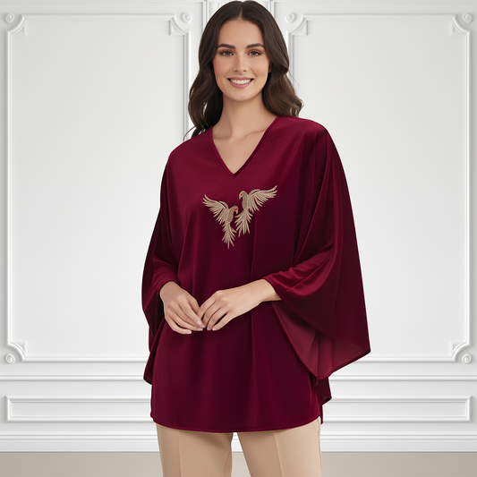 Wine Twin Birds Hand Embroidered Velvet Top
