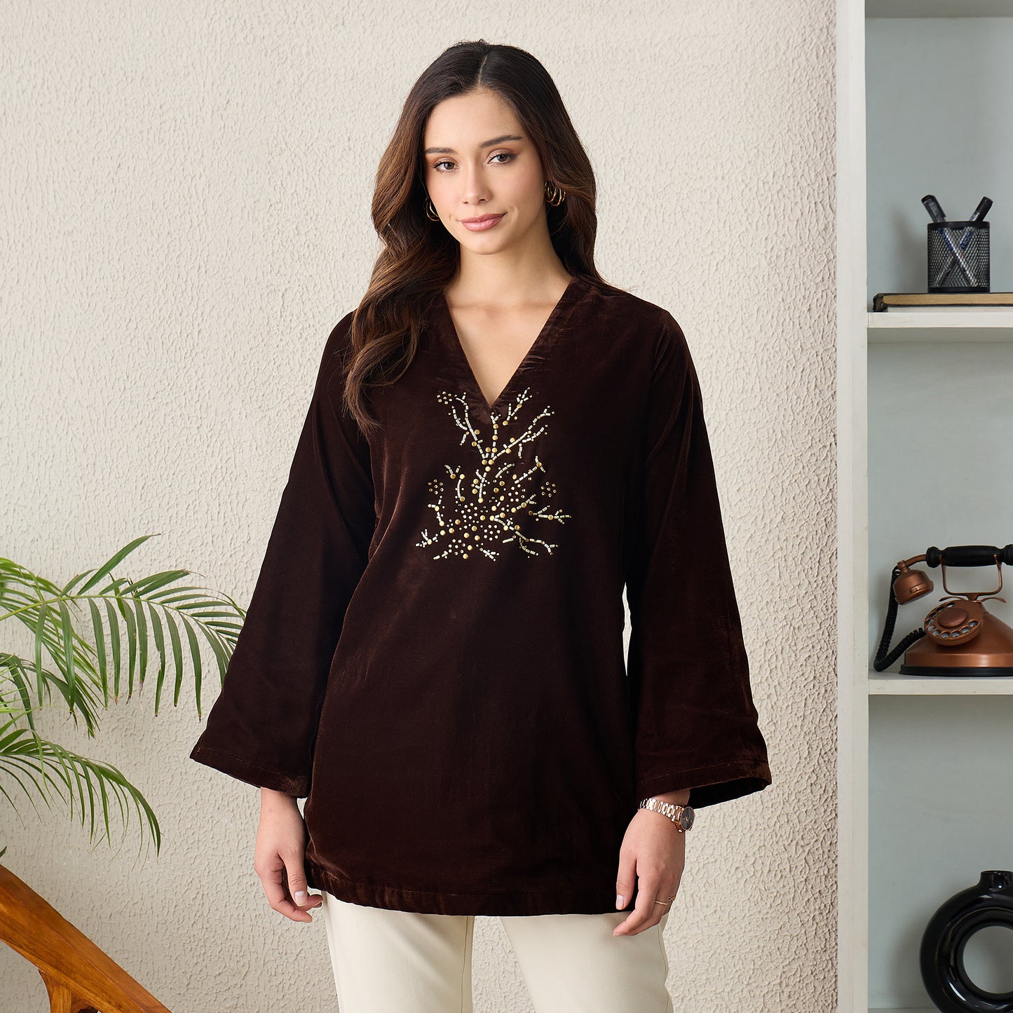 Brown Scattered Crystal Velvet Top