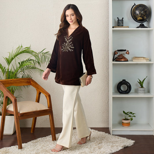 Brown Scattered Crystal Velvet Top