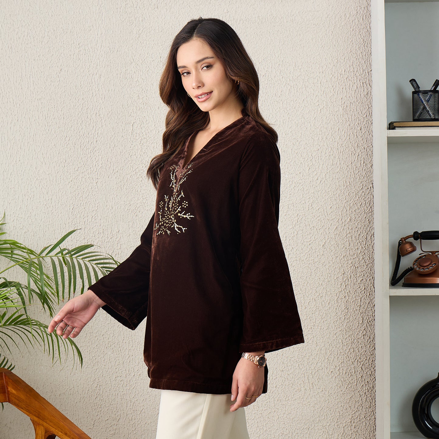 Brown Scattered Crystal Velvet Top