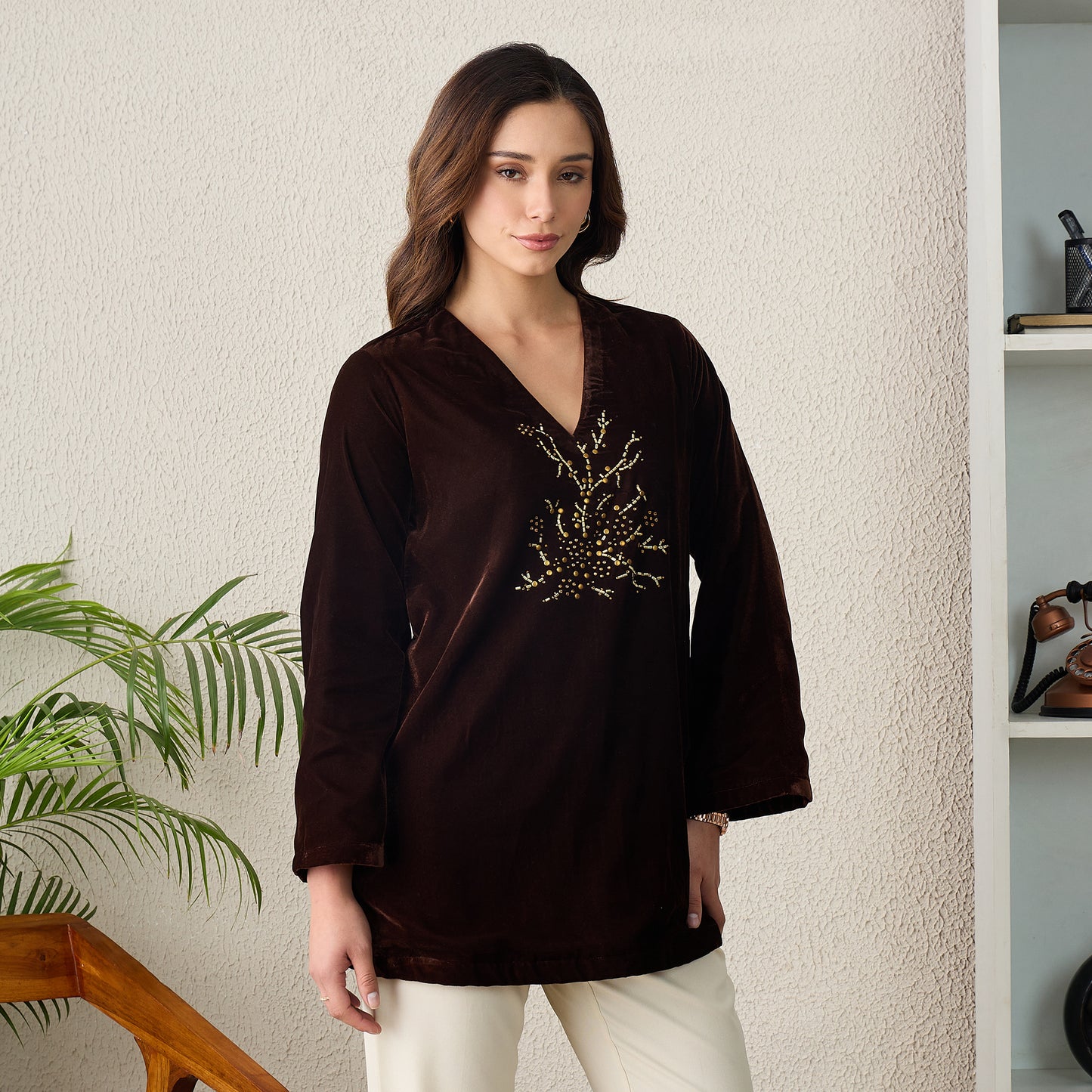Brown Scattered Crystal Velvet Top