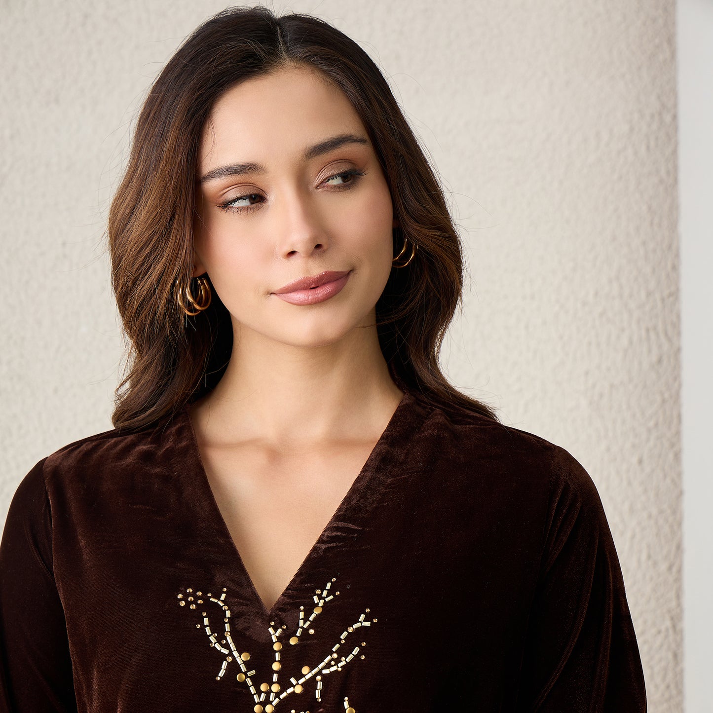 Brown Scattered Crystal Velvet Top