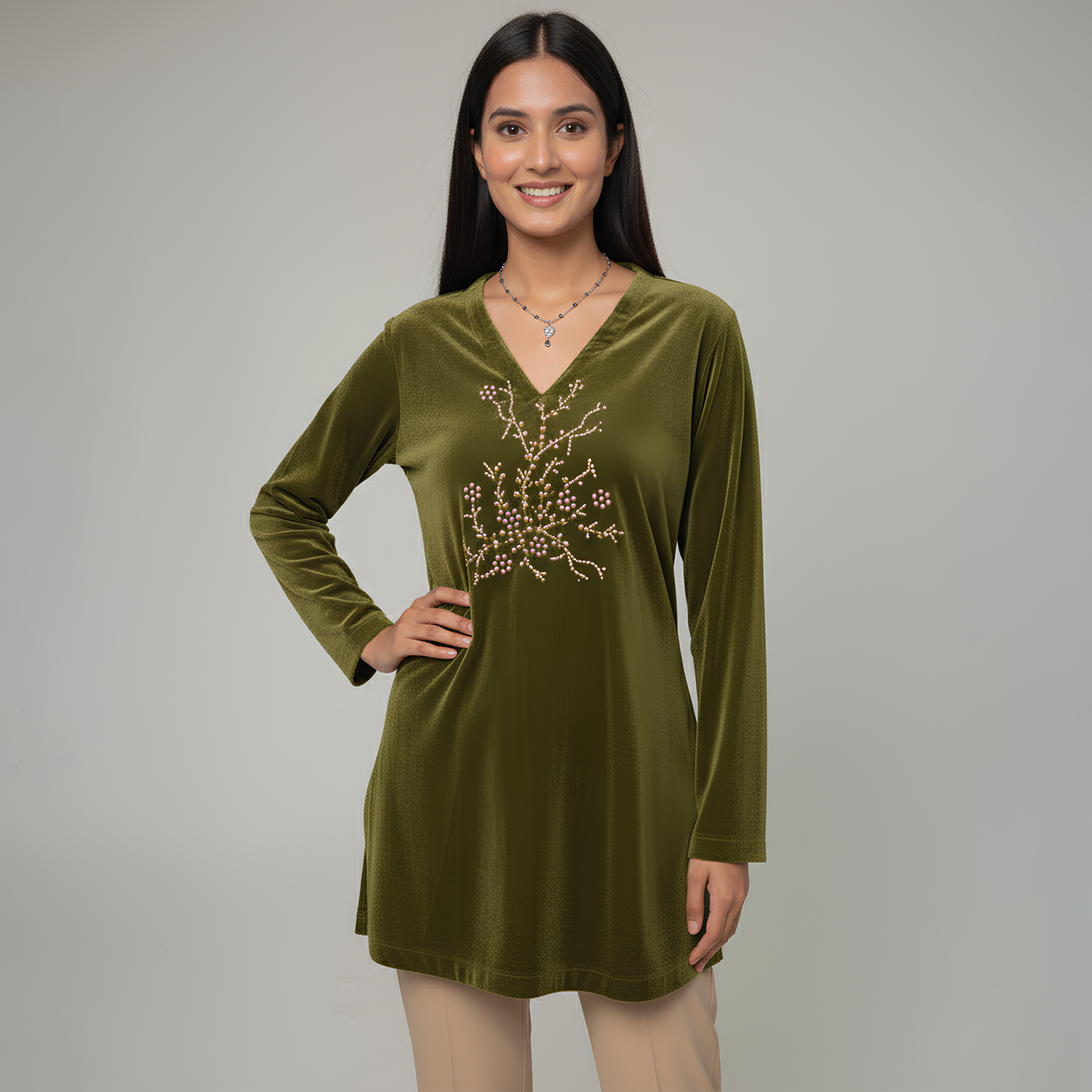 Olive Green Scattered Crystal Velvet Top
