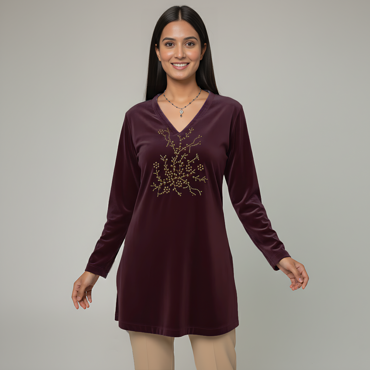 Plum Grey Scattered Crystal Velvet Top