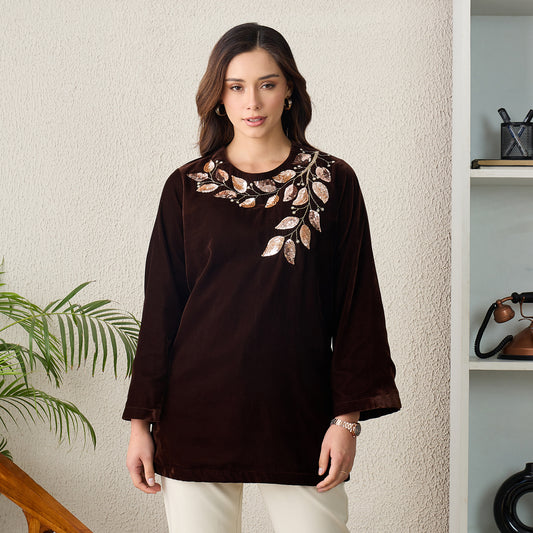 Brown Golden Vine Hand Embroidered Velvet Top