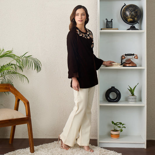 Brown Golden Vine Hand Embroidered Velvet Top
