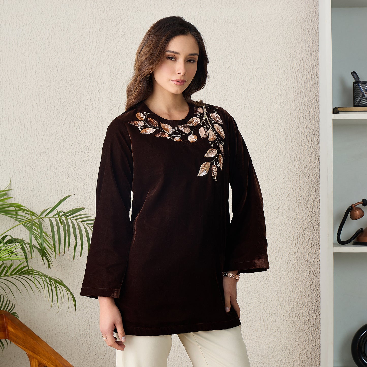 Brown Golden Vine Hand Embroidered Velvet Top