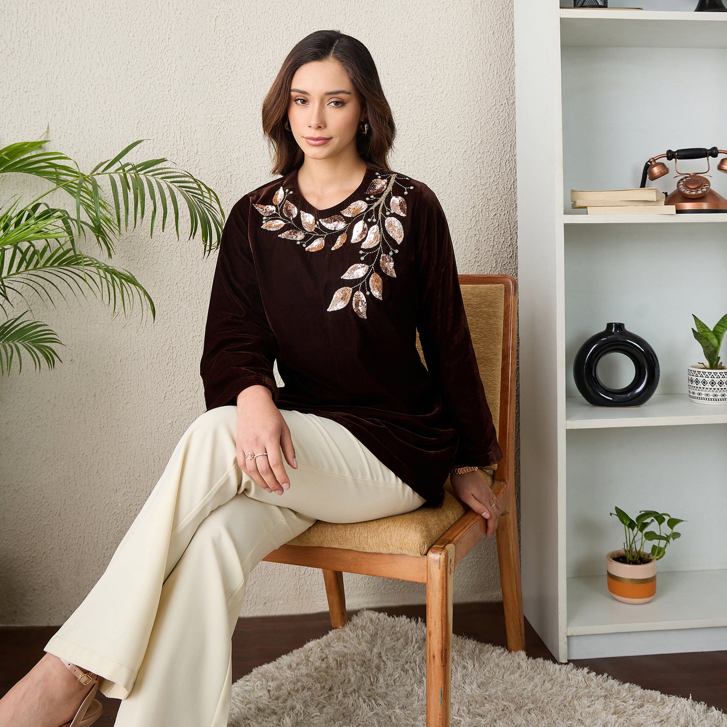 Brown Golden Vine Hand Embroidered Velvet Top