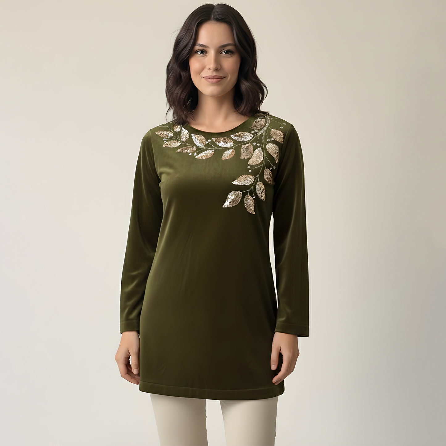 Olive Green Golden Vine Hand Embroidered Velvet Top