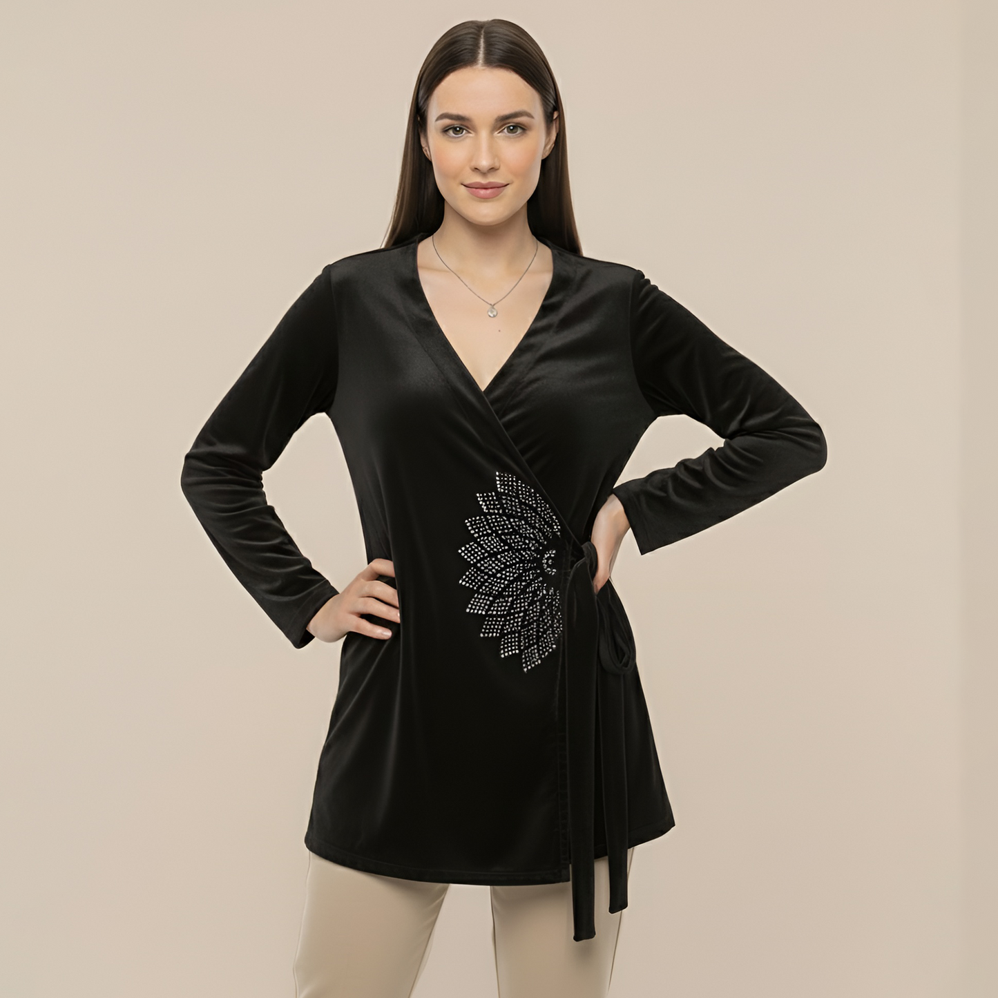 Black Crystal Embellished Wrap Velvet Top