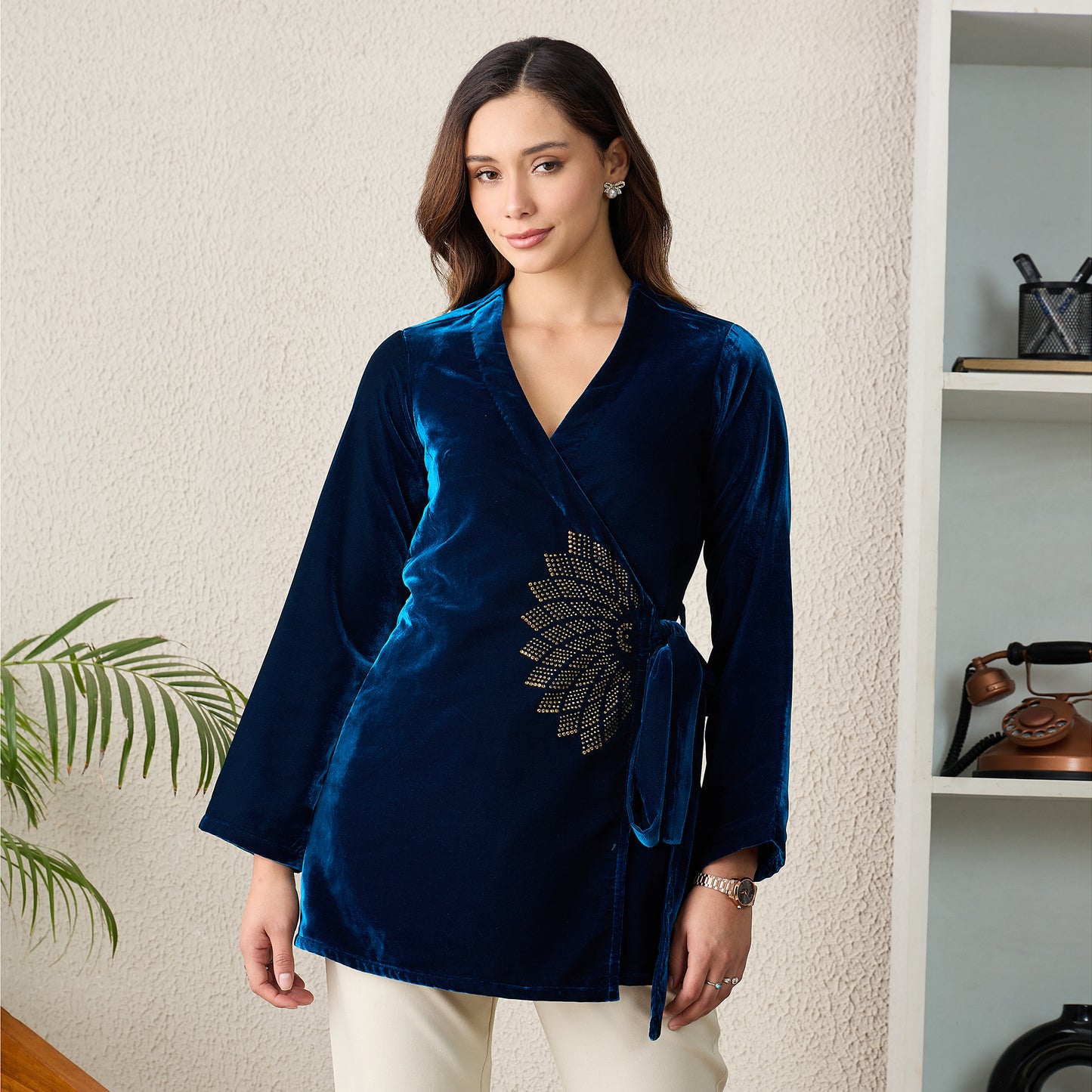 Blue Crystal Embellished Wrap Velvet Top