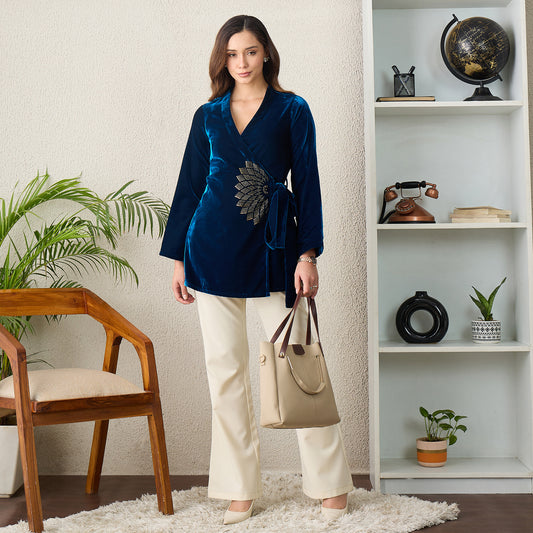 Blue Crystal Embellished Wrap Velvet Top