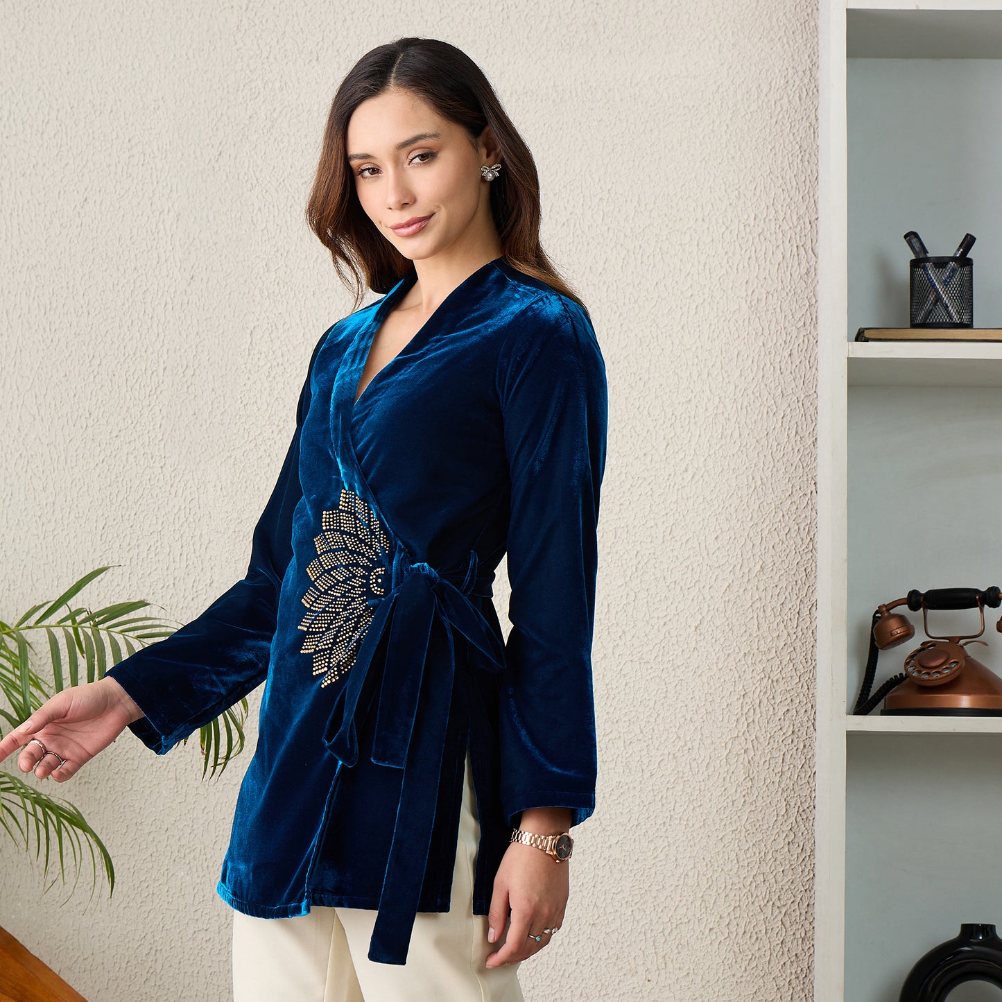 Blue Crystal Embellished Wrap Velvet Top