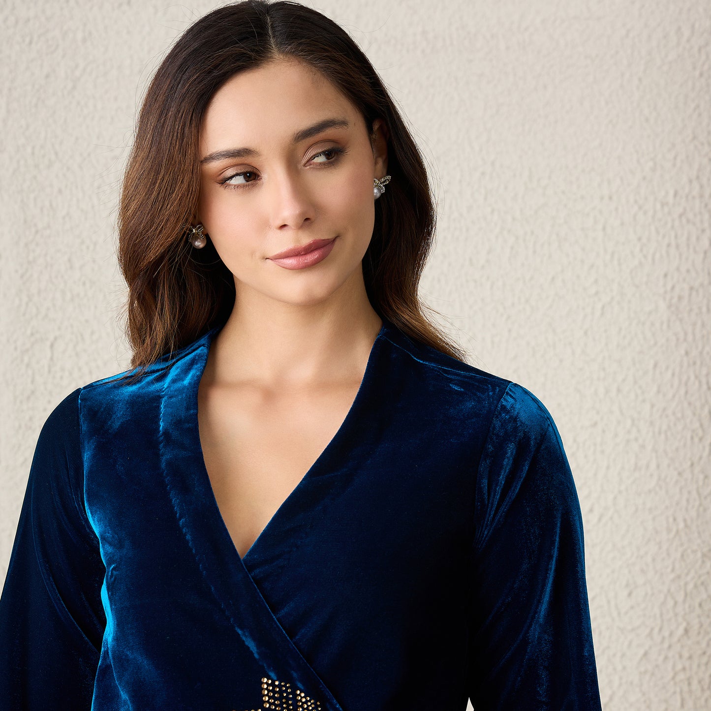 Blue Crystal Embellished Wrap Velvet Top