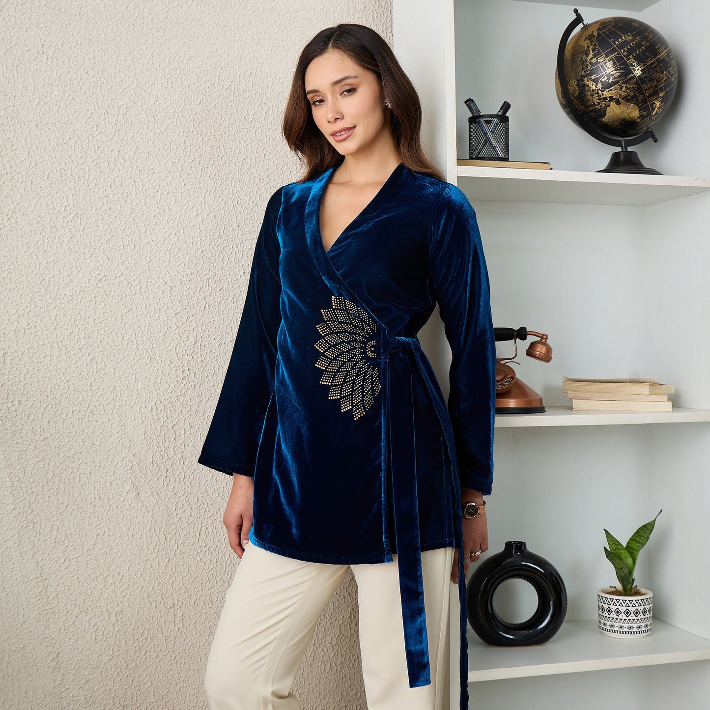 Blue Crystal Embellished Wrap Velvet Top