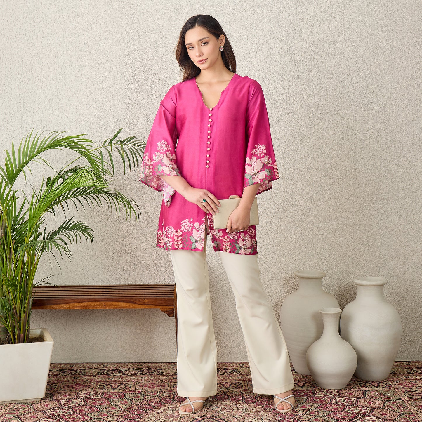 Pink Floral Bell Sleeve Top