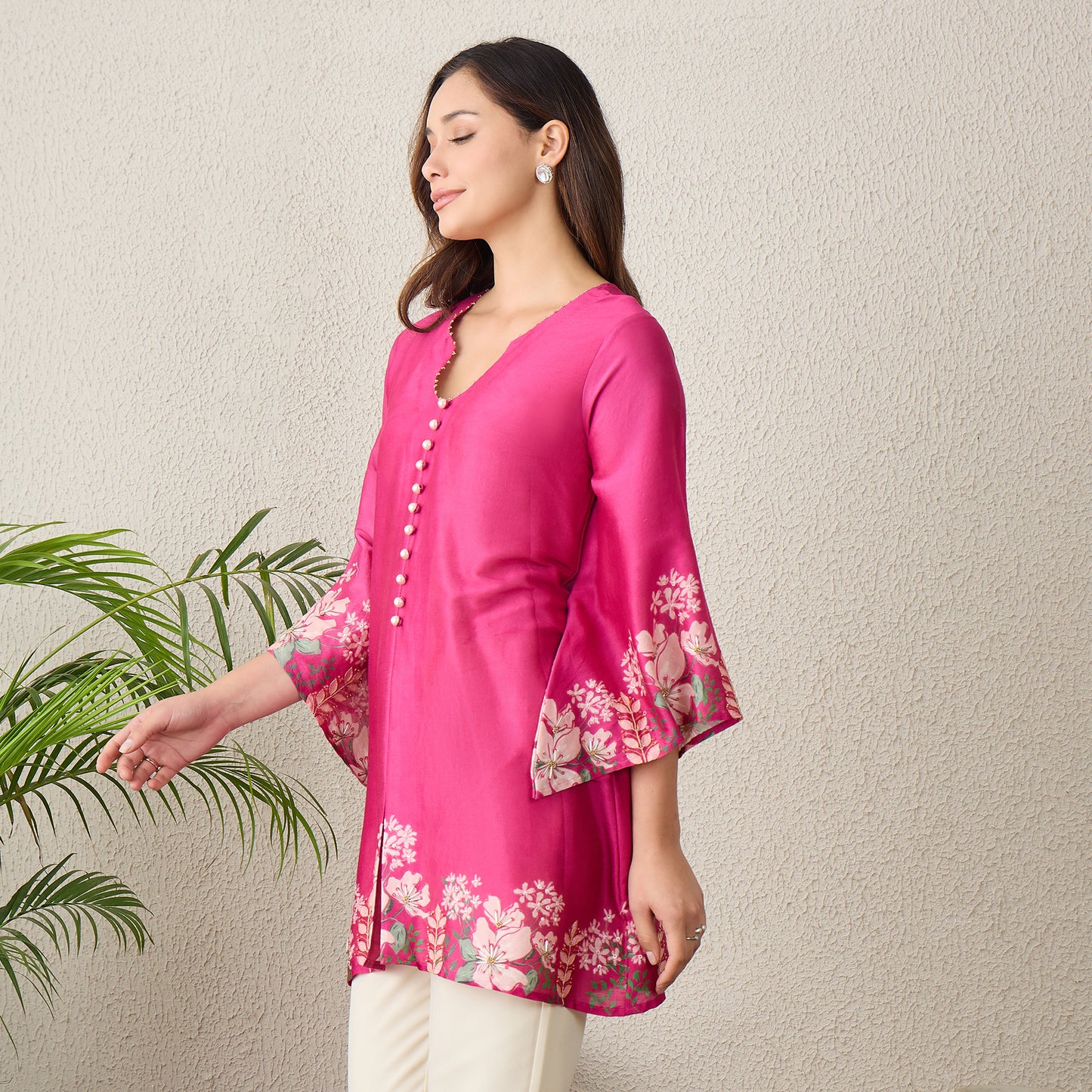 Pink Floral Bell Sleeve Top