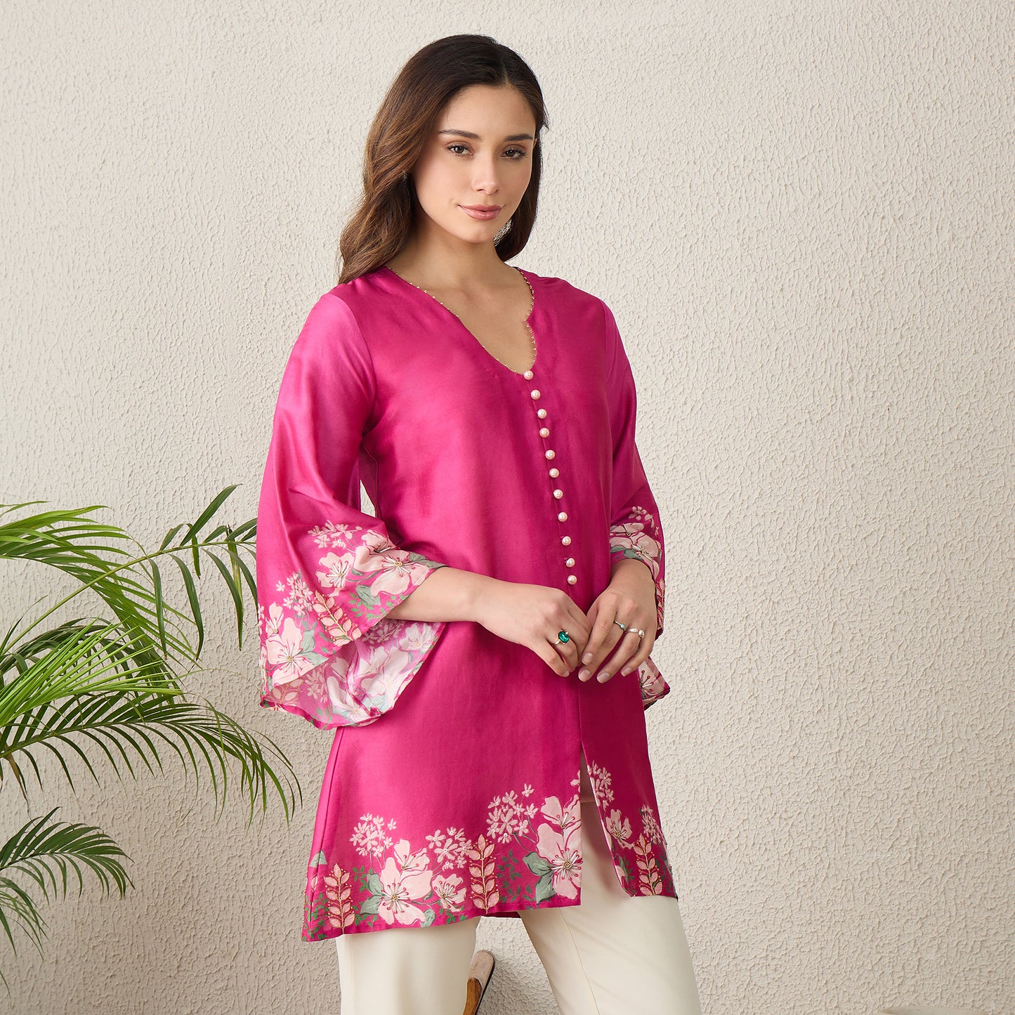 Pink Floral Bell Sleeve Top