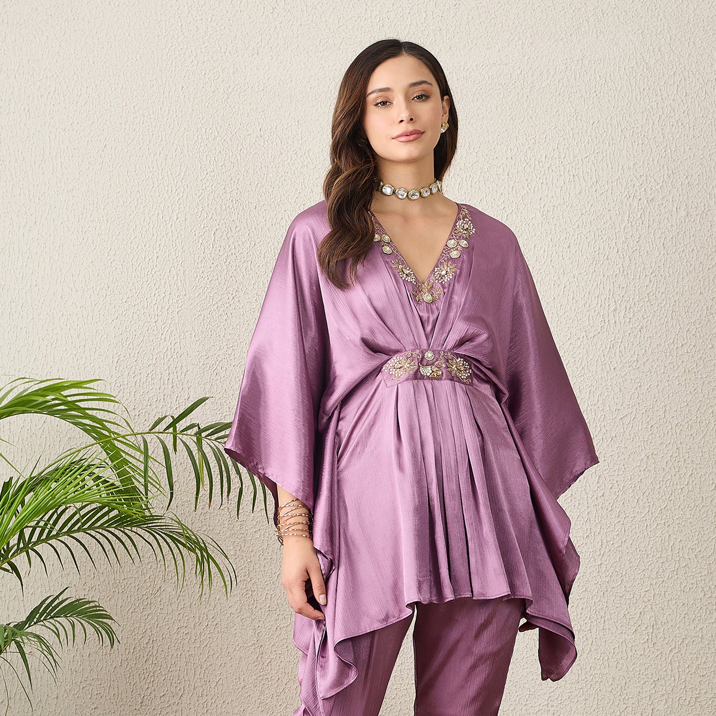 Lavender Belt Detail Hand Embroidered Top