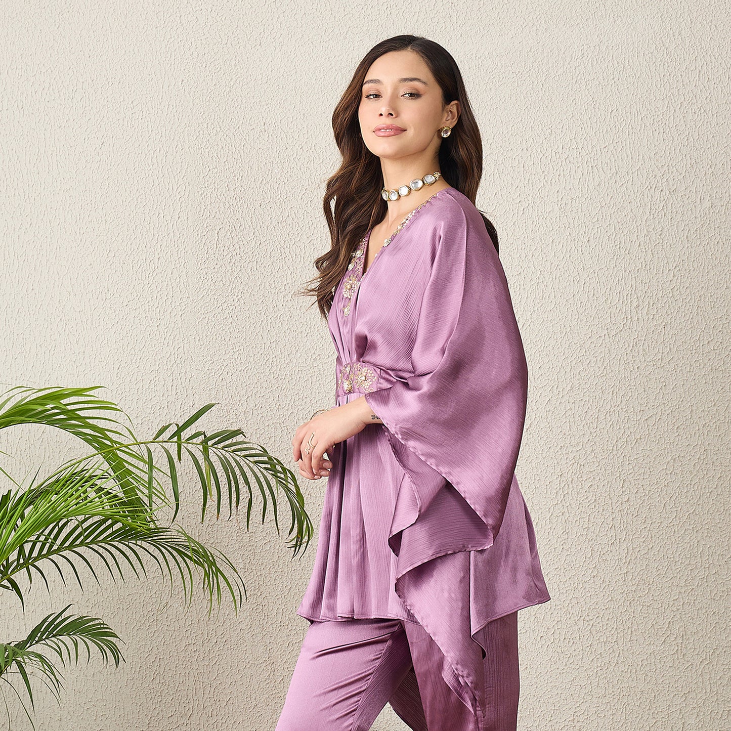 Lavender Belt Detail Hand Embroidered Top