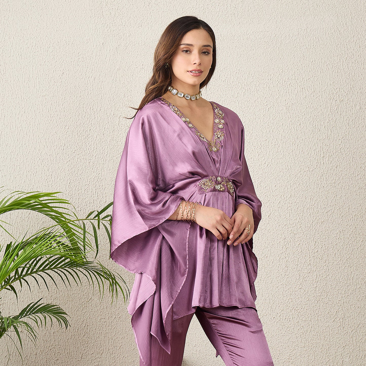 Lavender Belt Detail Hand Embroidered Top