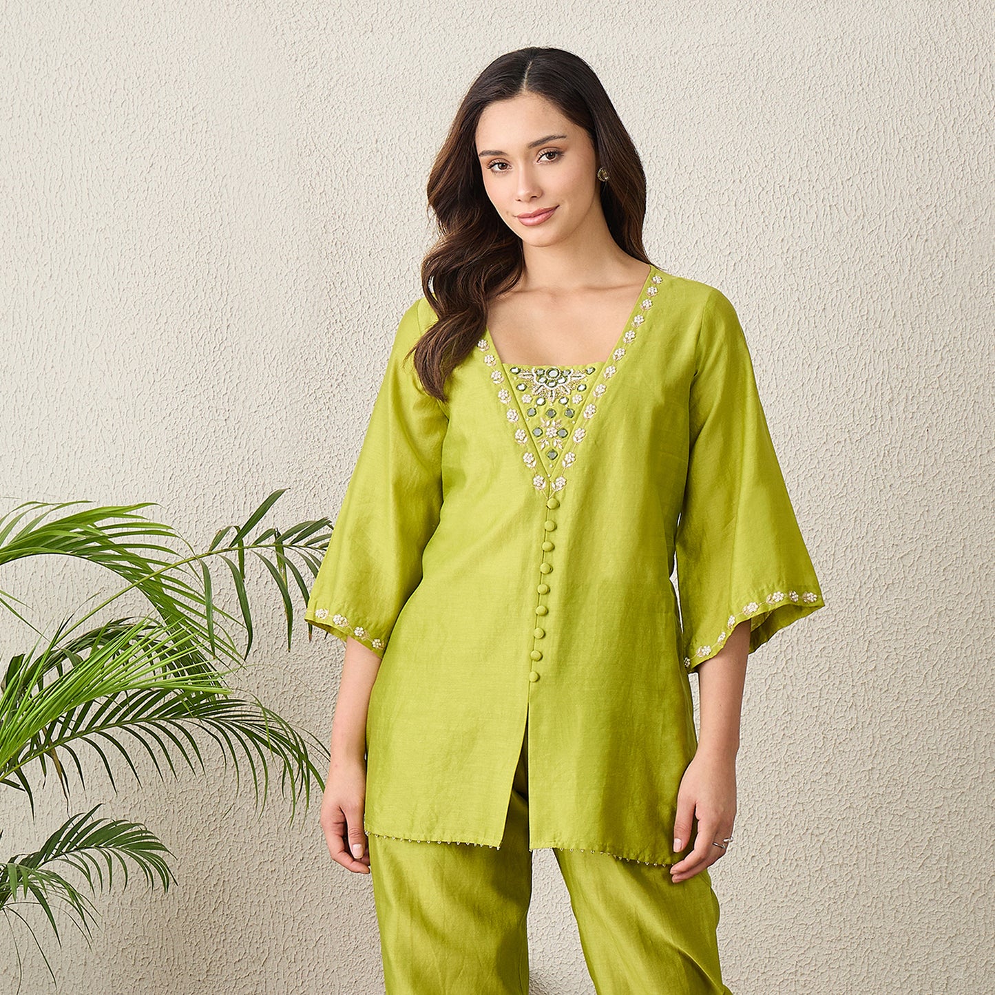 Lime Green Hand Embroidered Top with Mirror Work
