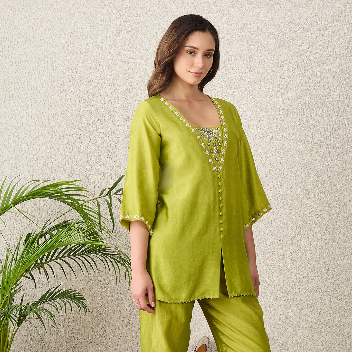 Lime Green Hand Embroidered Top with Mirror Work