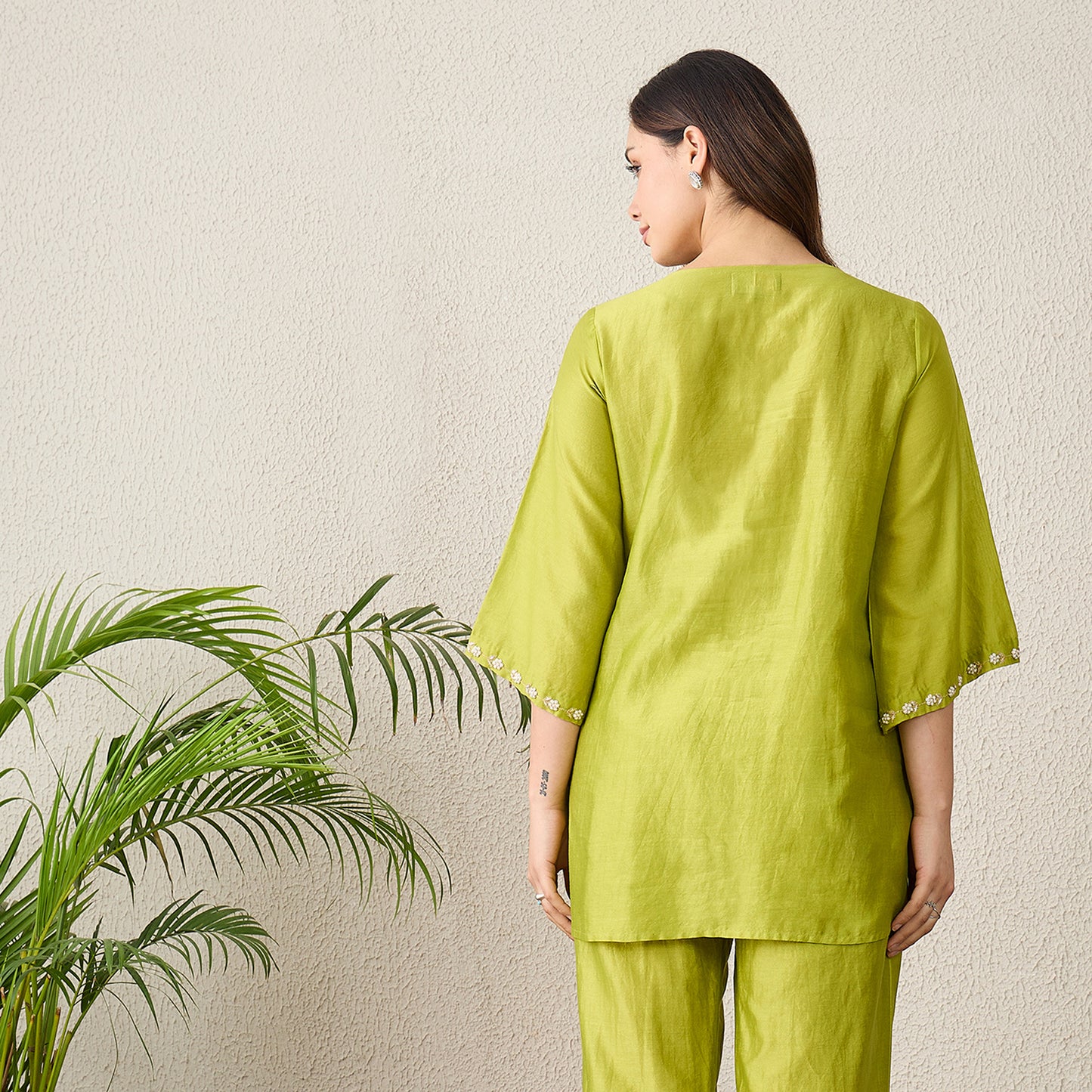 Lime Green Hand Embroidered Top with Mirror Work