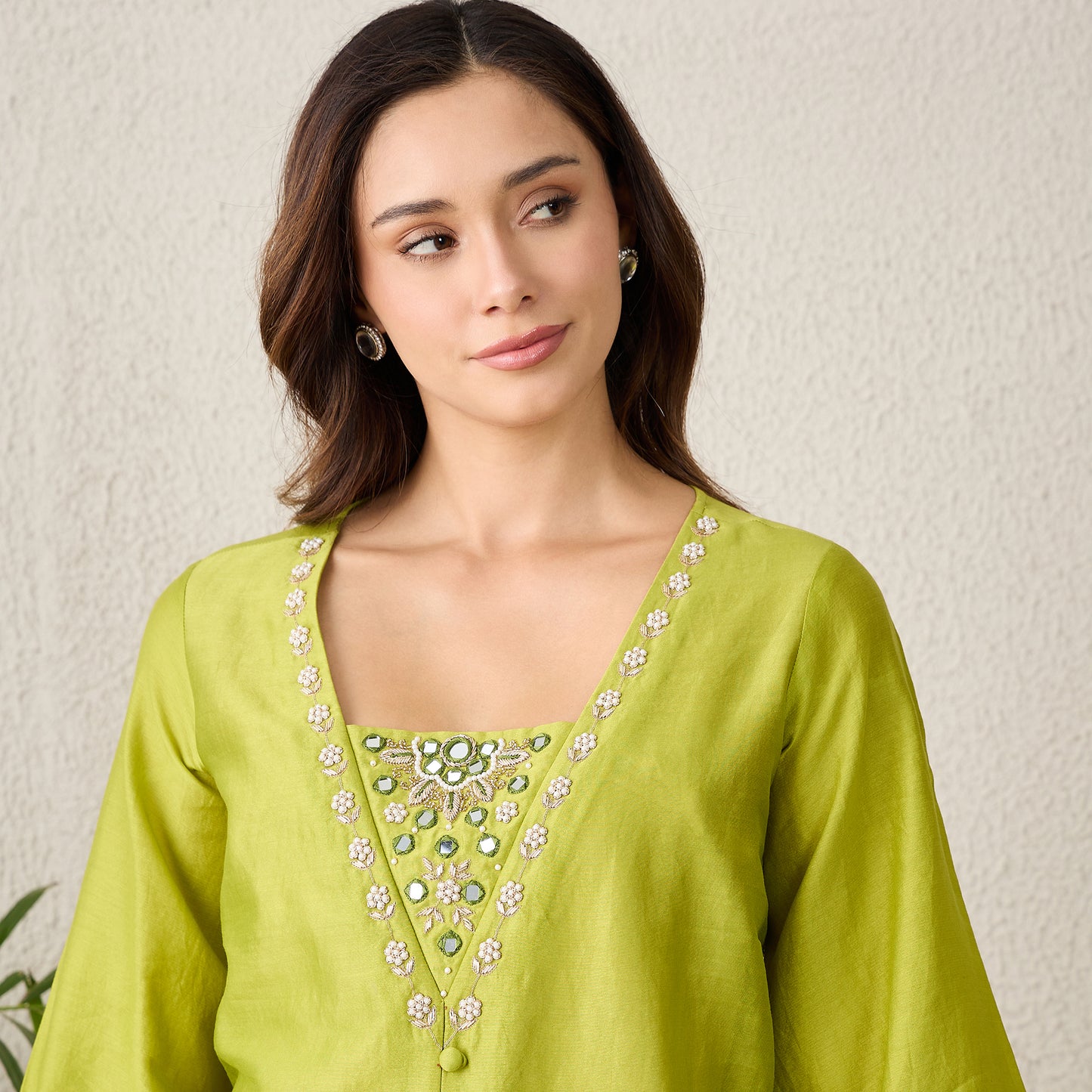 Lime Green Hand Embroidered Top with Mirror Work