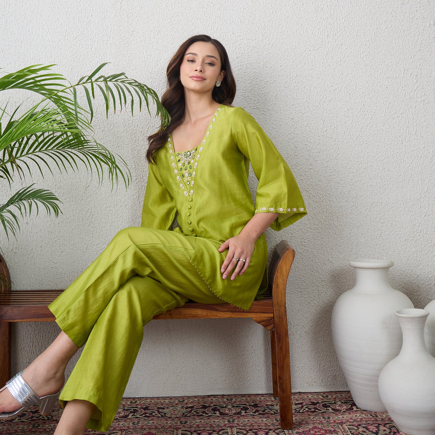 Lime Green Hand Embroidered Top with Mirror Work