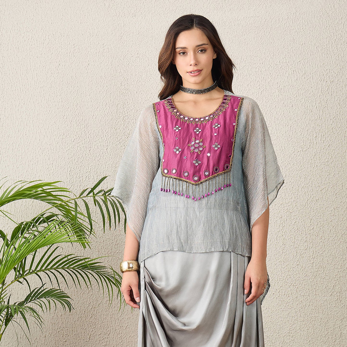 Grey and Purple Hand Embroidered Kaftan Top