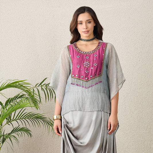 Grey and Purple Hand Embroidered Kaftan Top