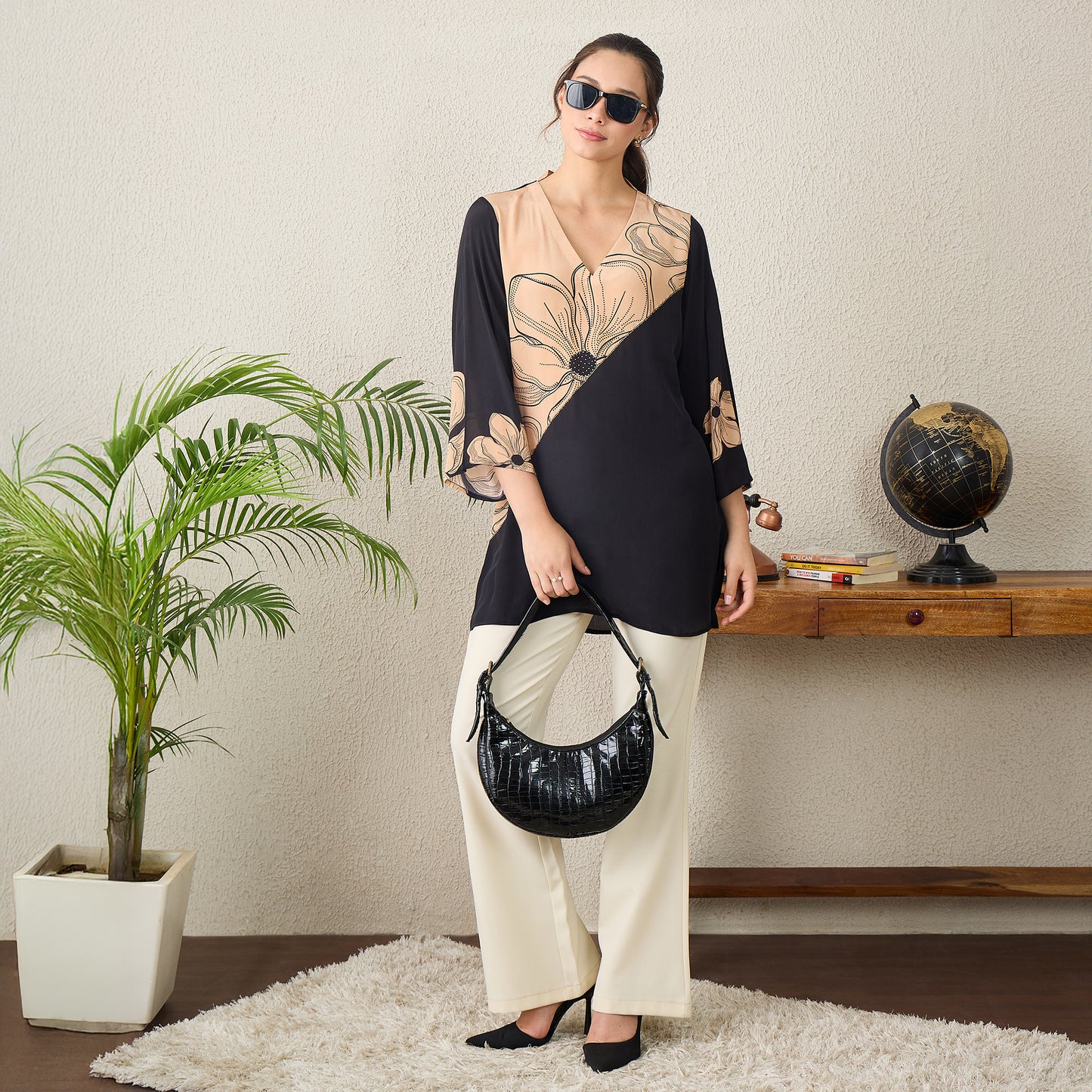 Black and Brown Colorblock Embellished Top