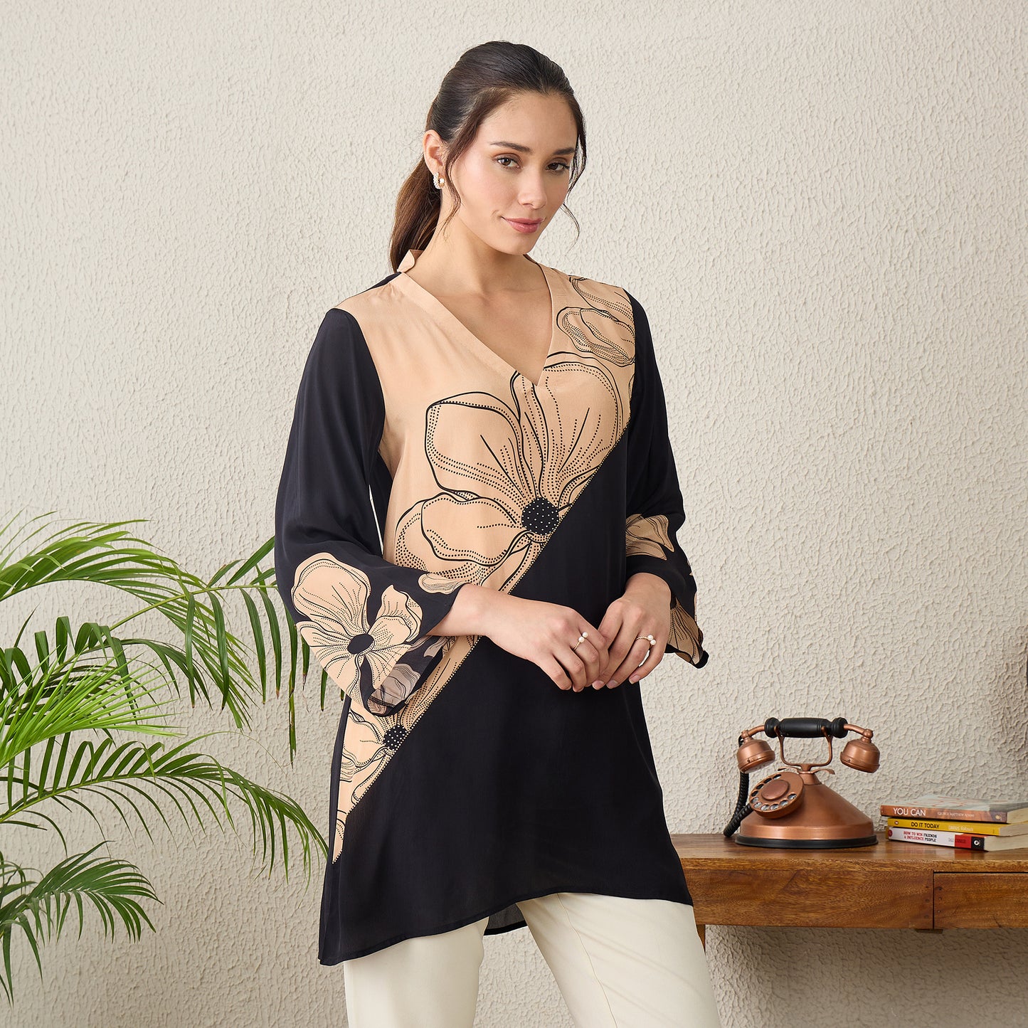 Black and Brown Colorblock Embellished Top