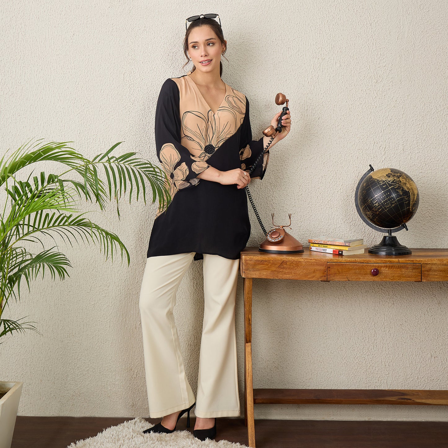 Black and Brown Colorblock Embellished Top