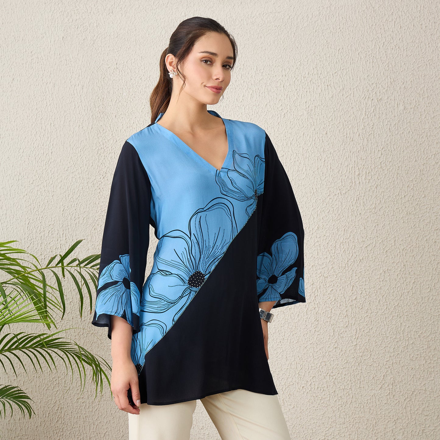 Black and Blue Colorblock Embellished Top