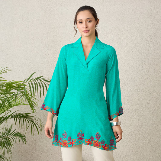 Mint Green Mandala Print Embellished Top