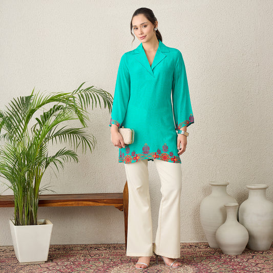 Mint Green Mandala Print Embellished Top