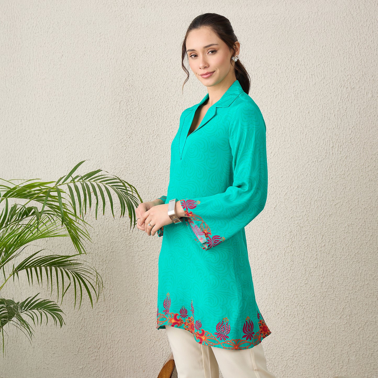 Mint Green Mandala Print Embellished Top