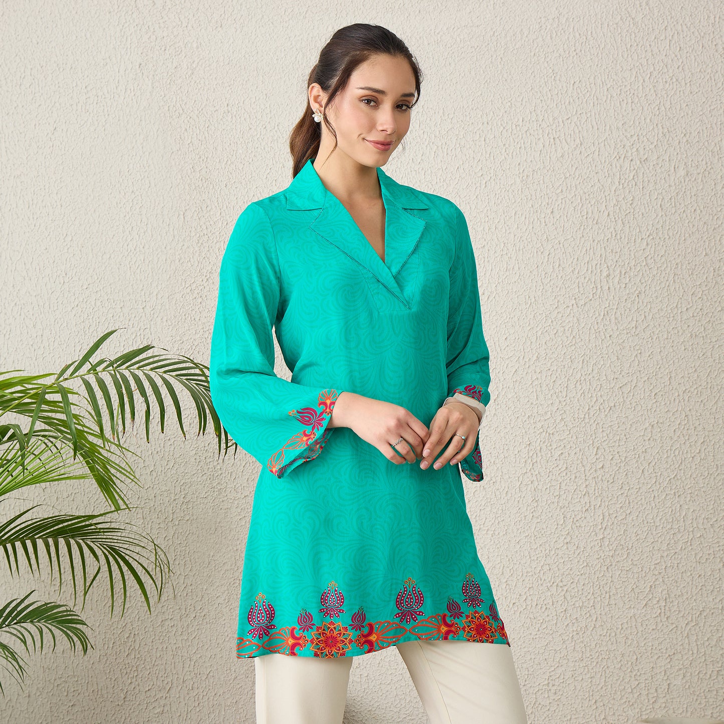 Mint Green Mandala Print Embellished Top