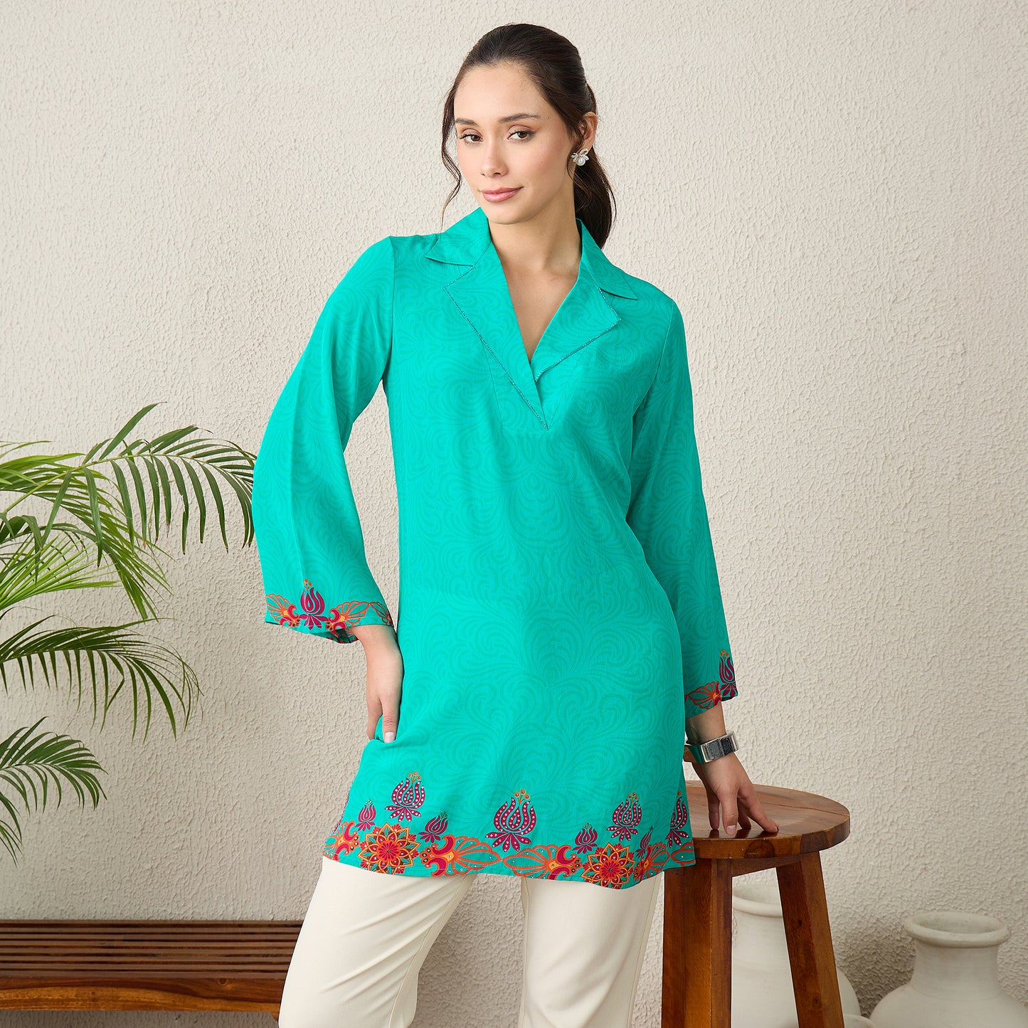 Mint Green Mandala Print Embellished Top