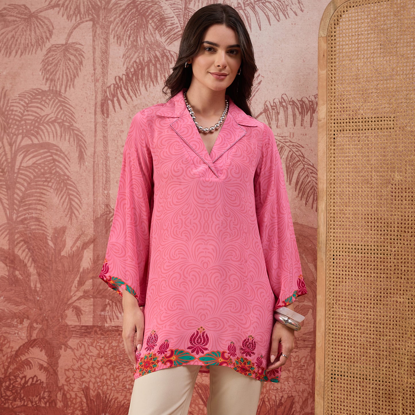 Pink Mandala Print Embellished Top